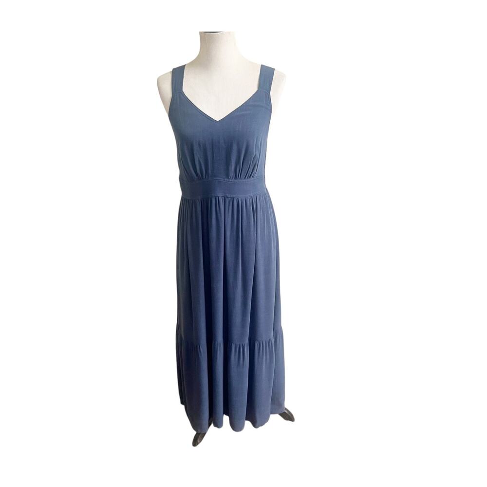 Lucky Brand Maxi Dress Womens Medium Blue Sleeveless Smocked V Neck Elegant